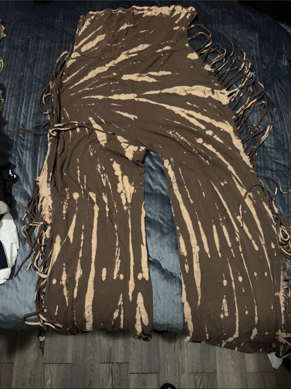 Fashion Nova Brown and Beige Tie-Dye Fringe Wide-Leg Jumpsuit